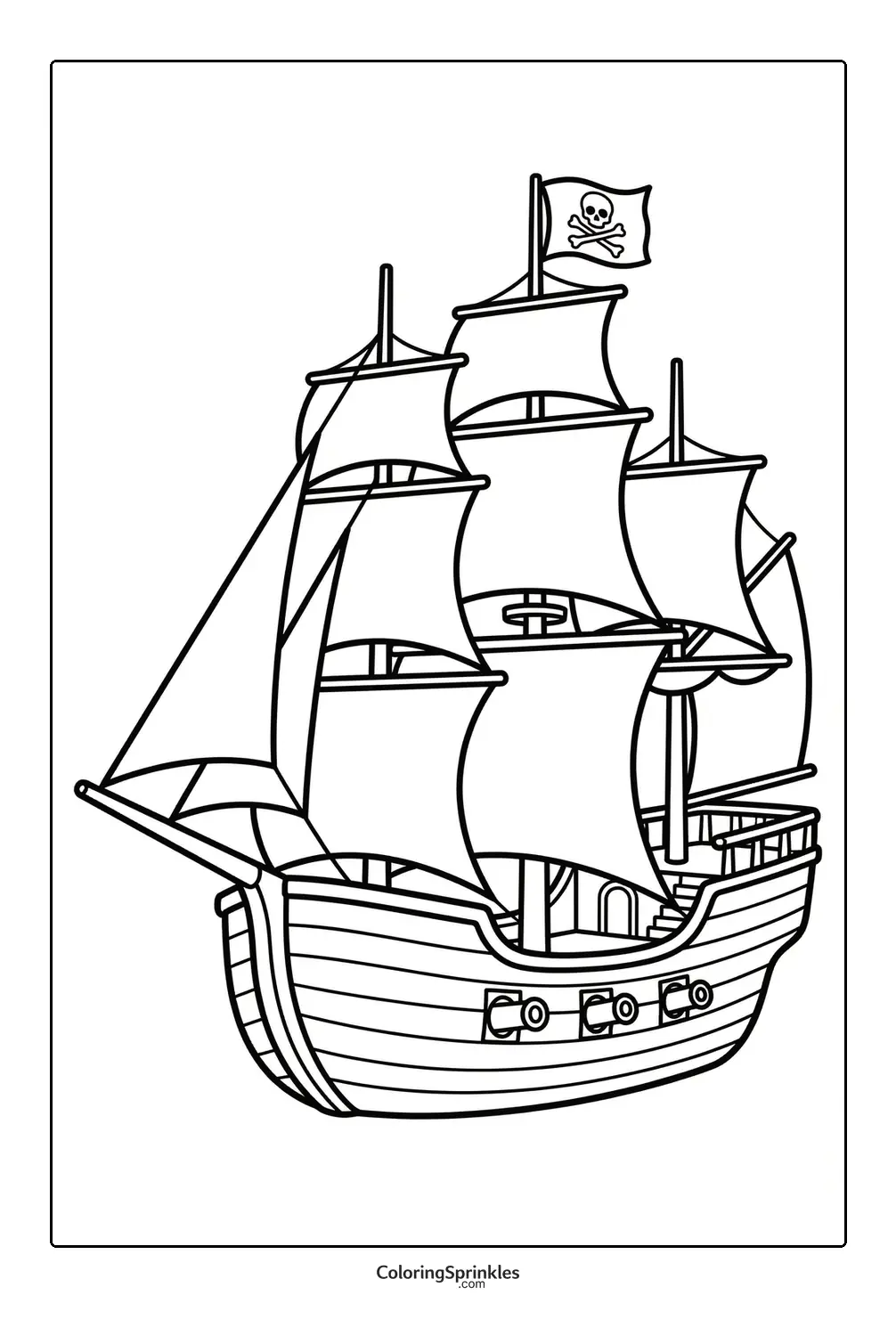 Coloring page of a pirate ship with sails, cannons, and a skull flag