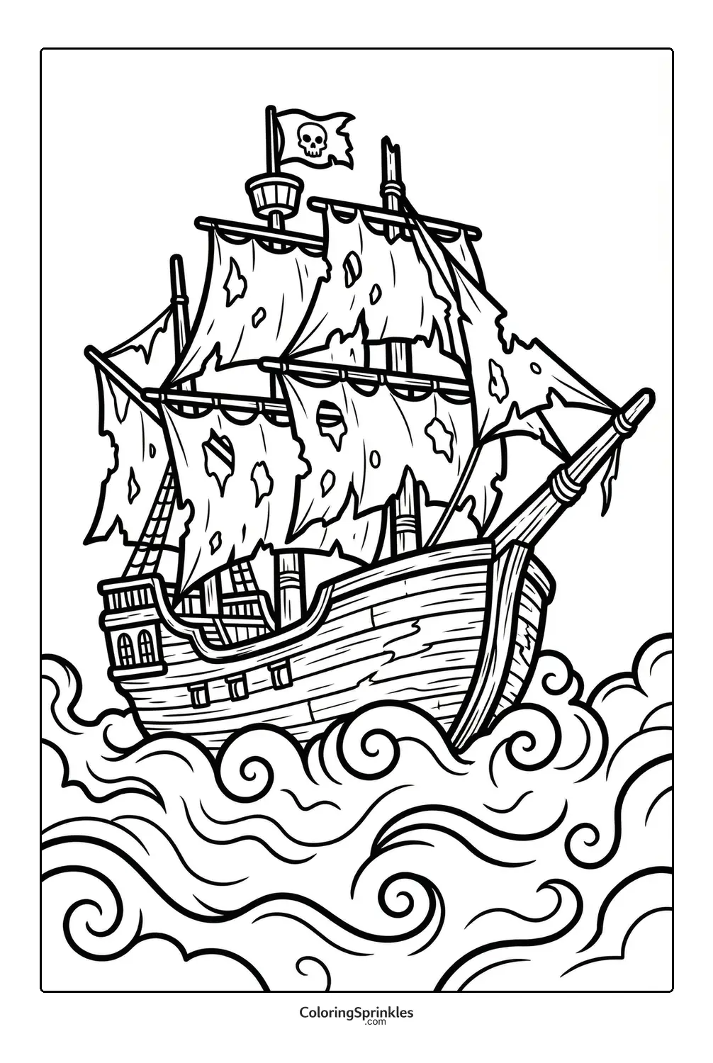 Coloring page of a pirate ship with tattered sails on wavy sea
