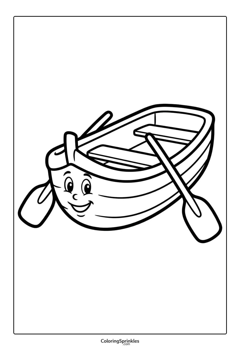 Coloring page of a rowboat with a smiling face