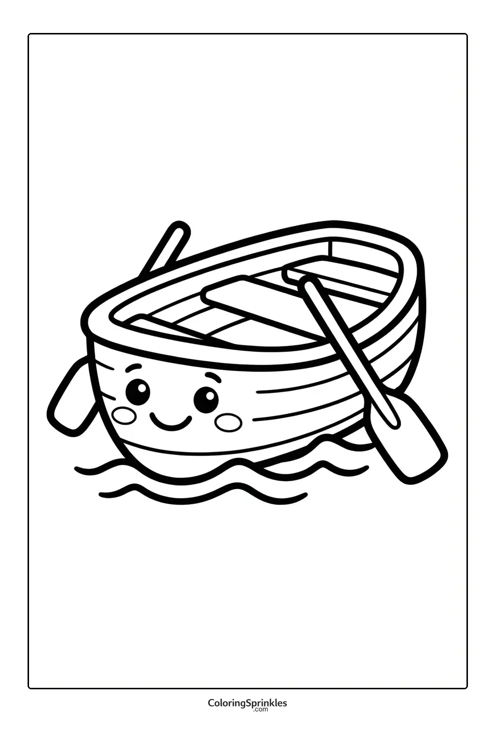 Coloring page of a rowboat with a smiling face on water waves