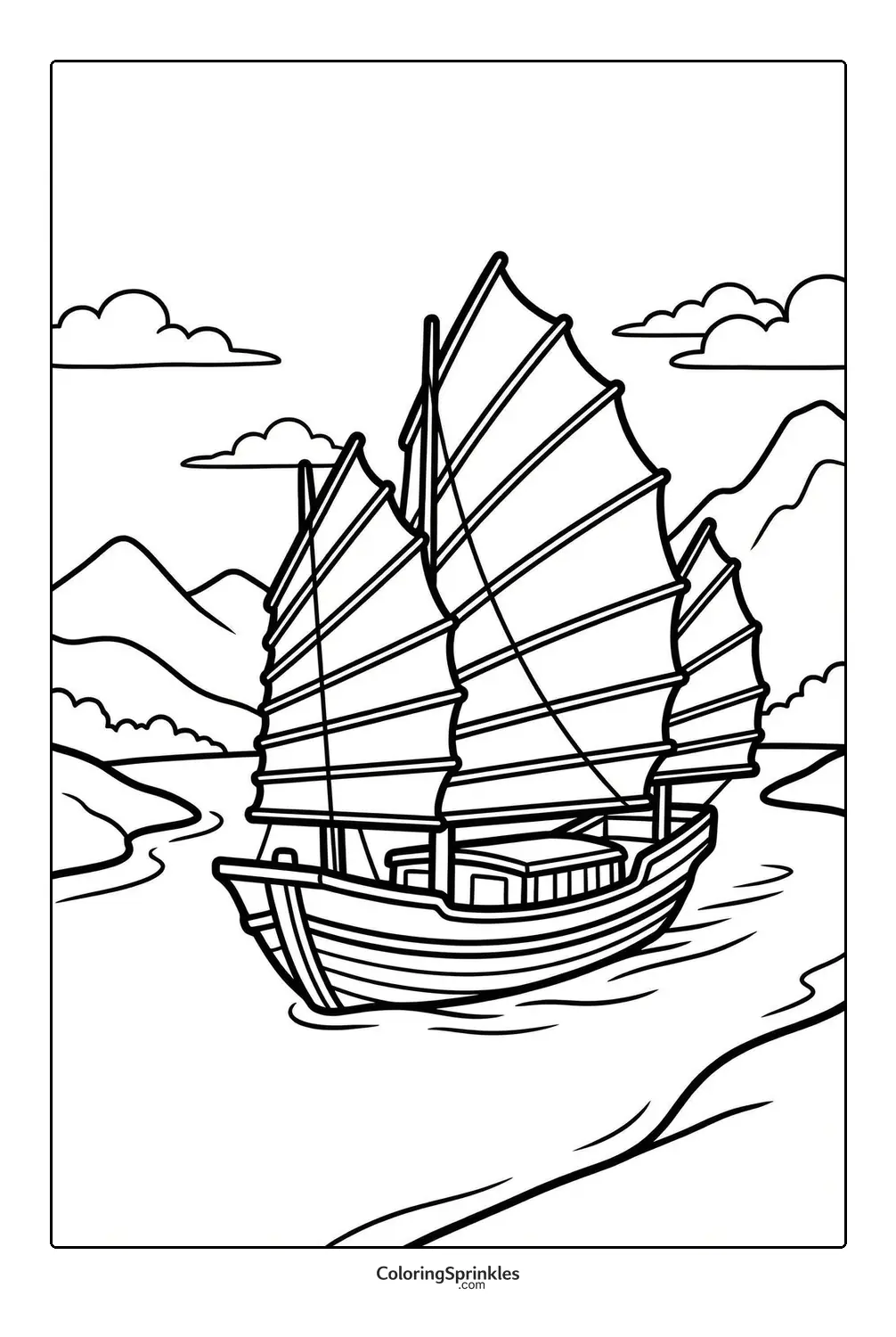Coloring page of a sailboat on a river with mountains and clouds