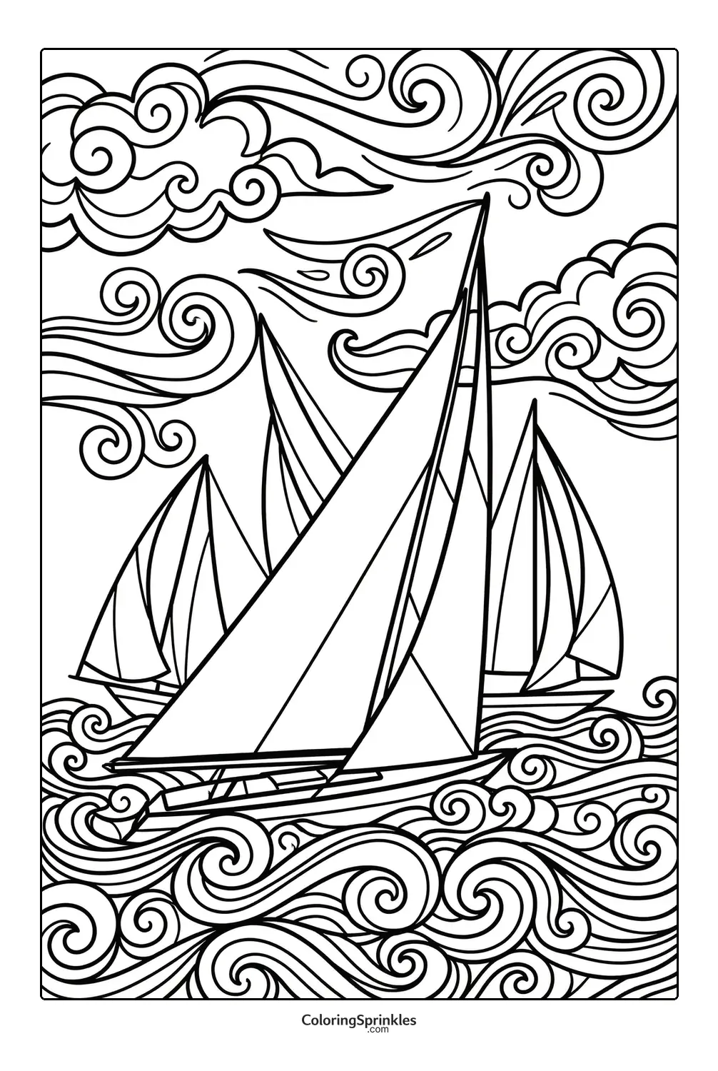 Coloring page of sailboats on swirling waves with swirling clouds