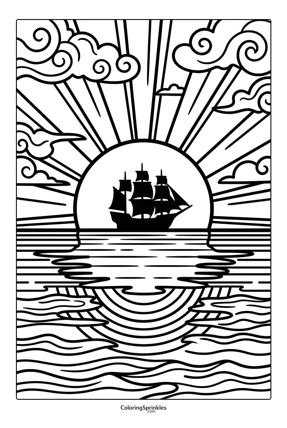 Coloring page of a sailing ship at sunset on the ocean with waves and clouds