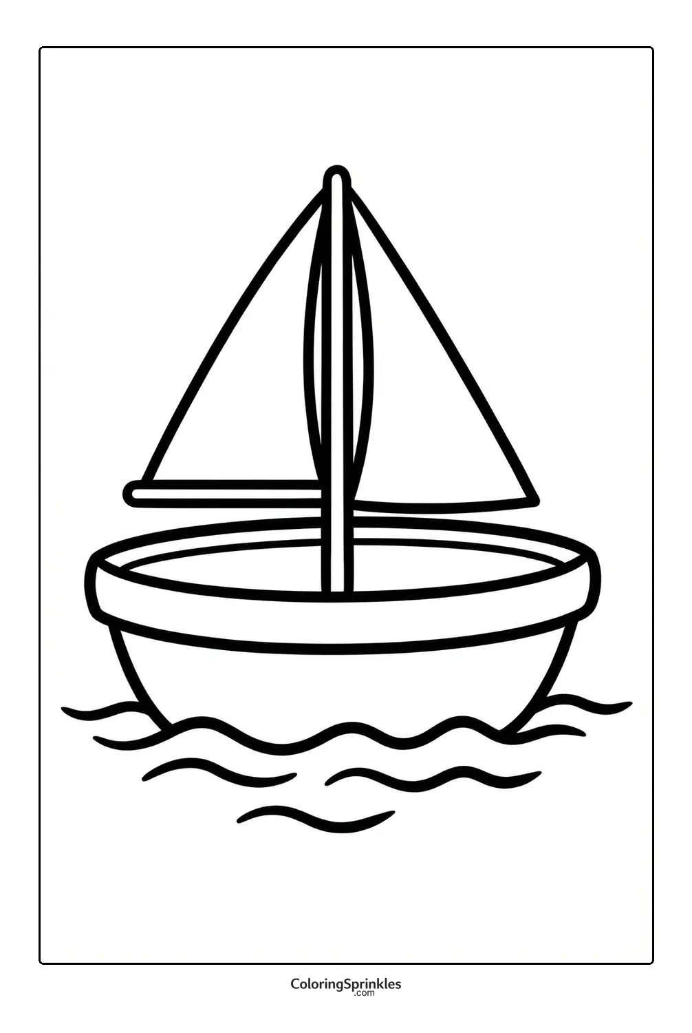 Coloring page of a simple sailboat on waves