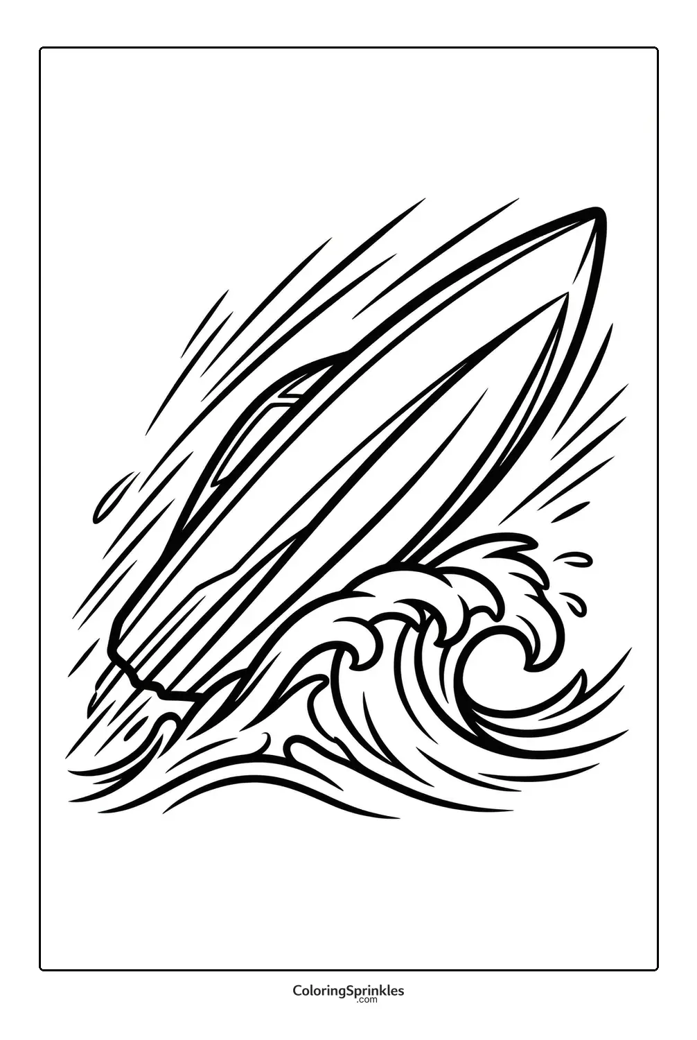 Coloring page of a speedboat riding waves