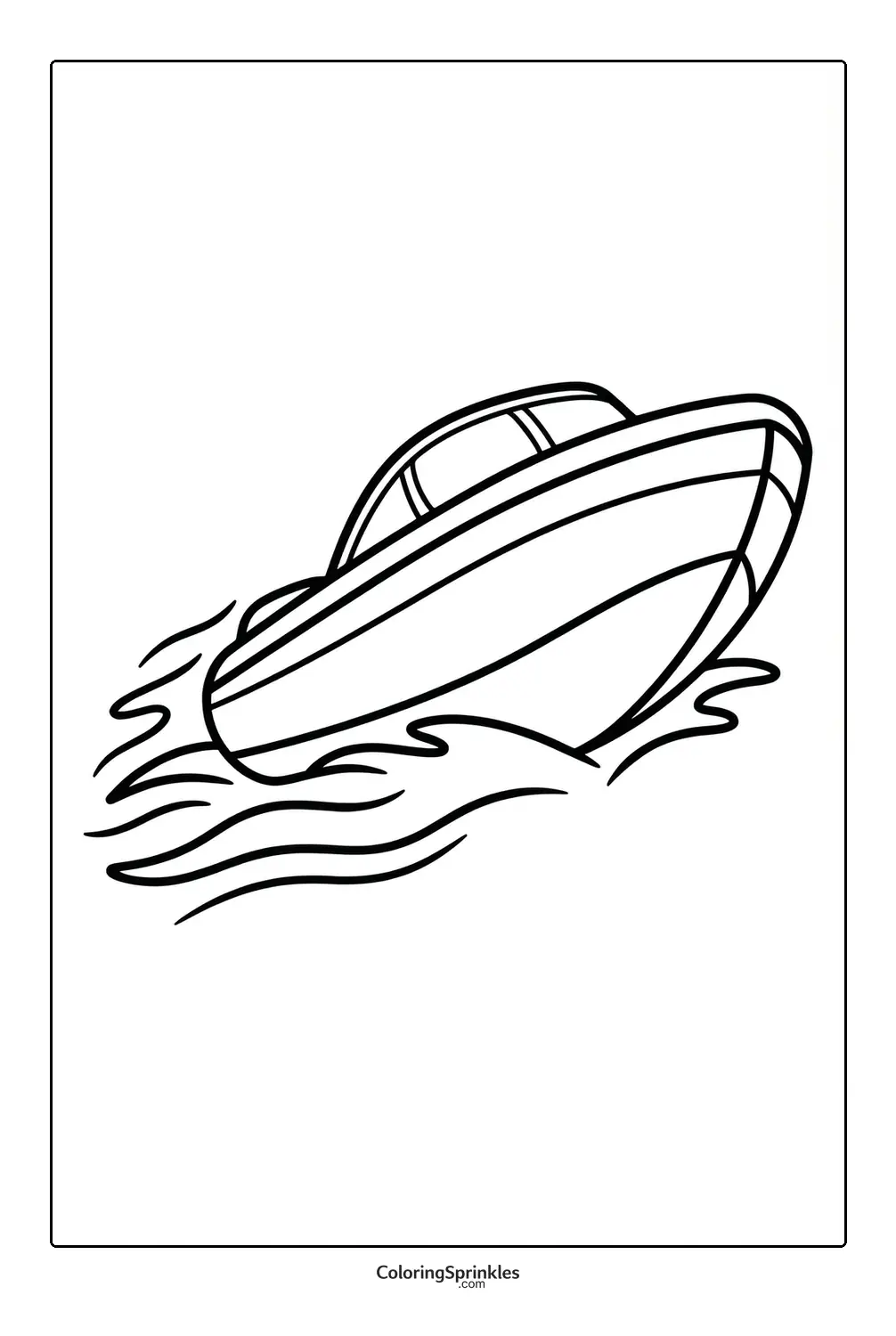 Coloring page of a speedboat moving through water with waves