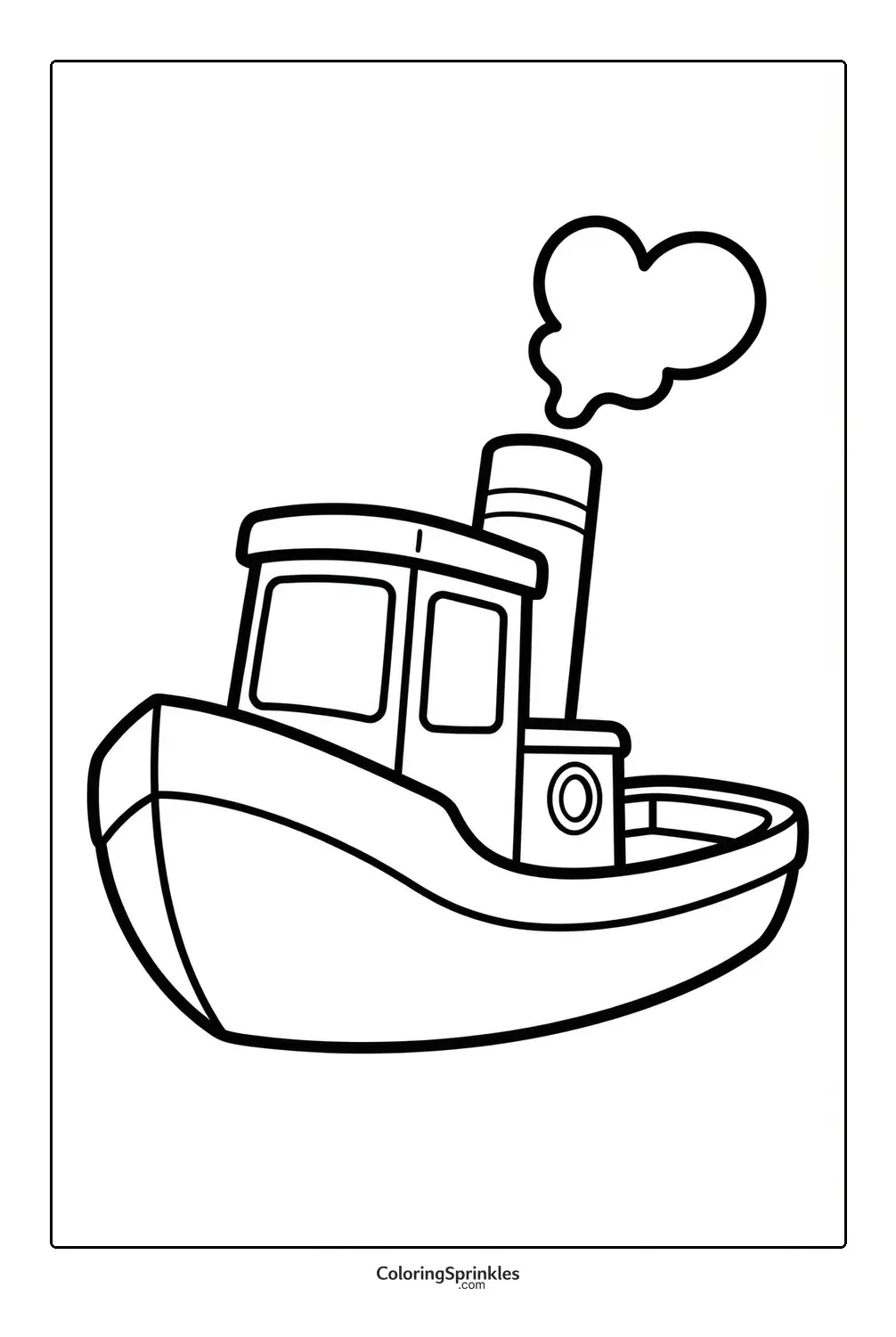 Coloring page of a simple tugboat with a smoke stack
