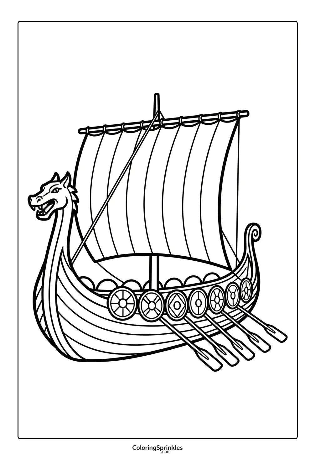 Coloring page of a Viking ship with a dragon head, shields, and oars