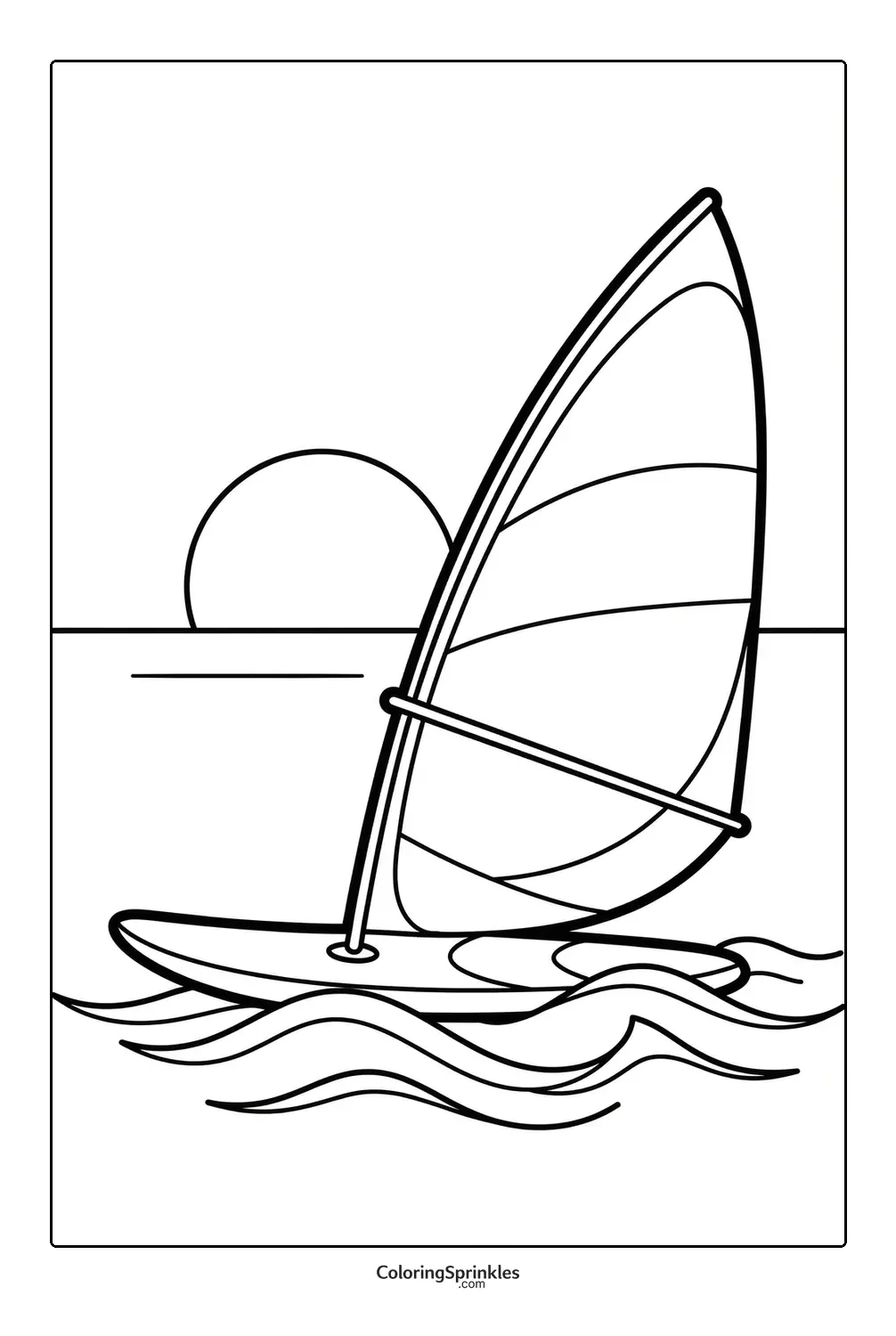 Coloring page of a windsurfing boat on waves at sunset