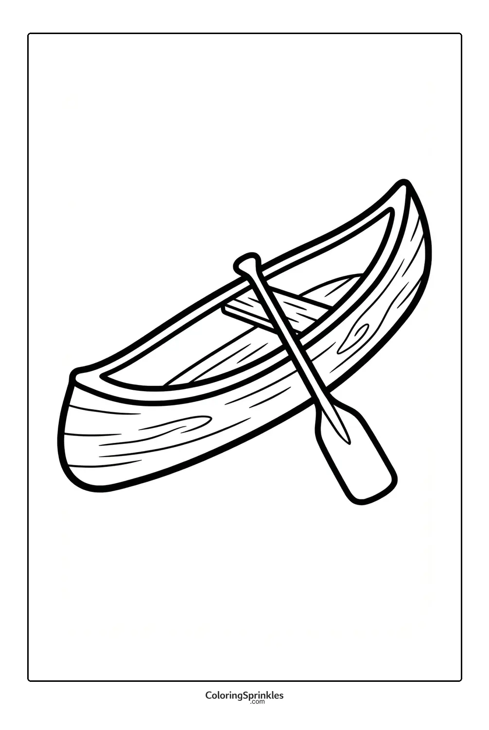 Coloring page of a wooden canoe with a paddle