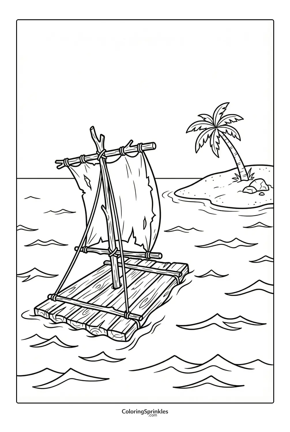 Coloring page of a wooden raft with a sail near a small island with a palm tree
