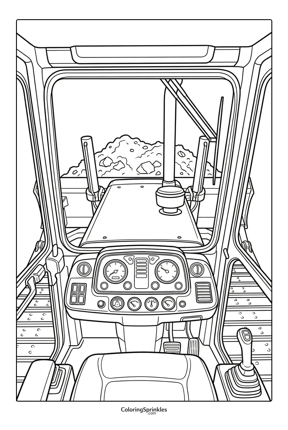 Coloring page of a bulldozer cabin with controls and a dirt pile outside