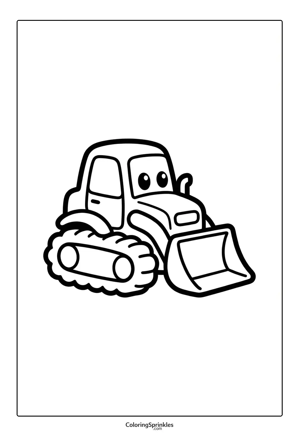 Coloring page of a cartoon bulldozer with smiling eyes and tracks