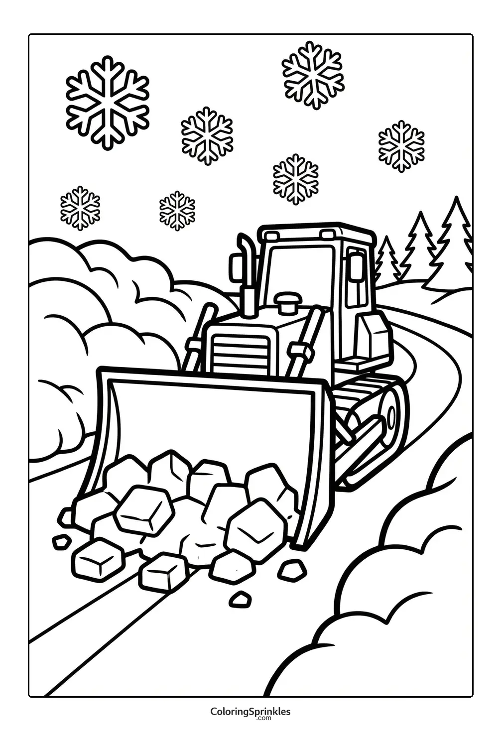 Coloring page of a bulldozer clearing rocks on a snowy road with snowflakes