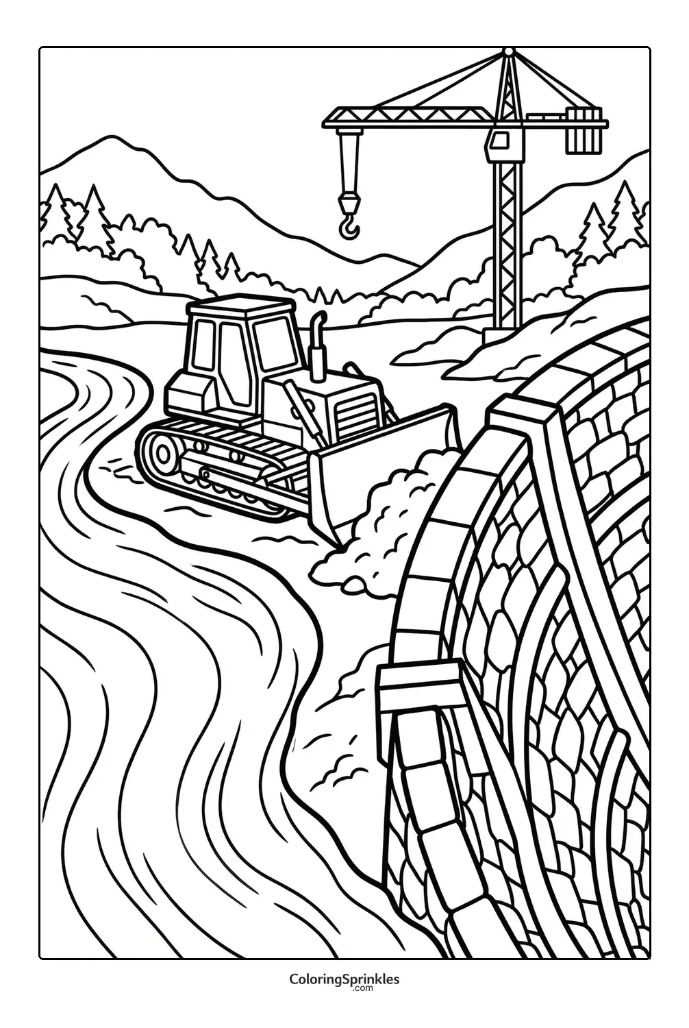 Coloring page of a bulldozer working near a river with a crane and mountains
