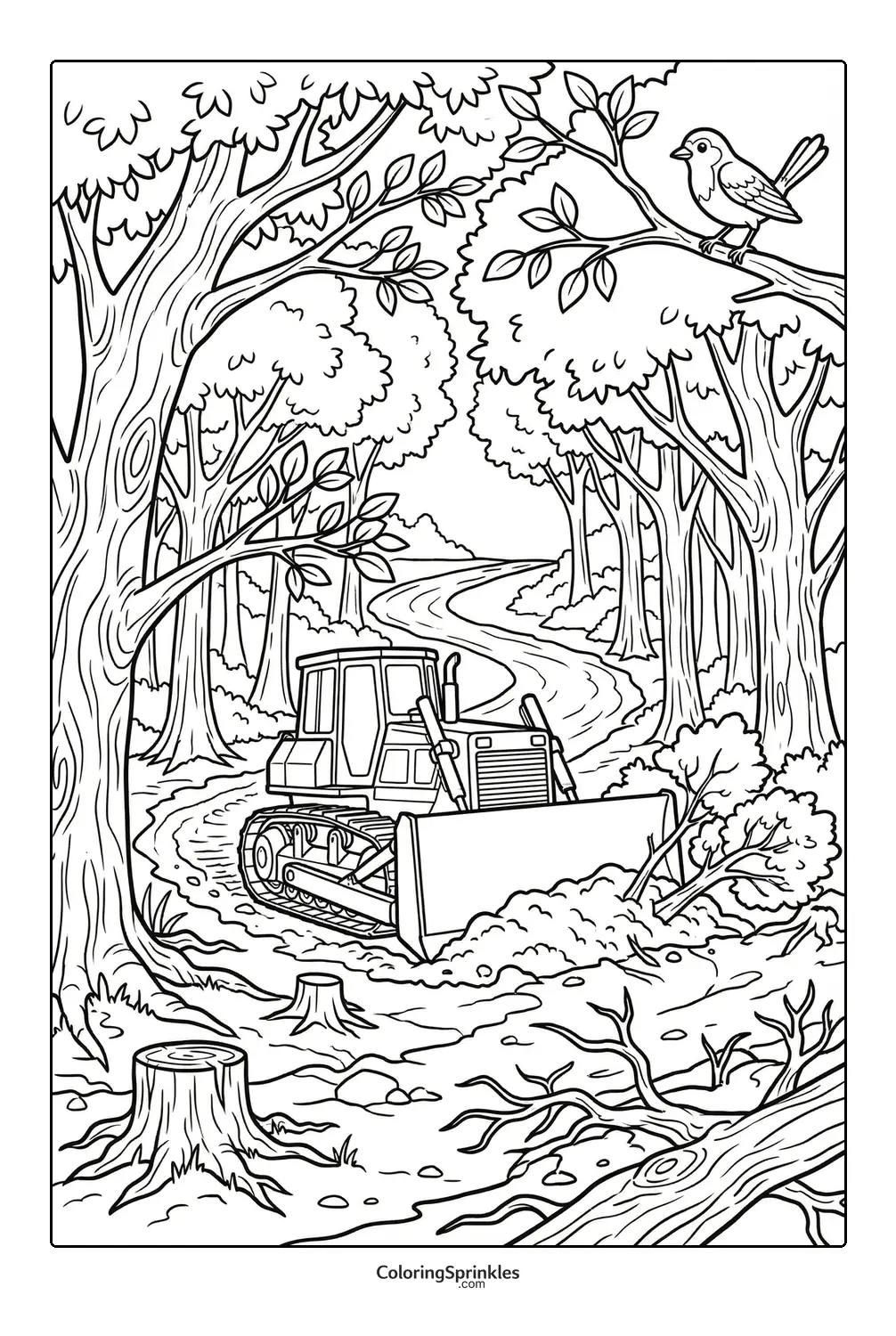 Coloring page of a bulldozer clearing trees in a forest with a bird on a branch