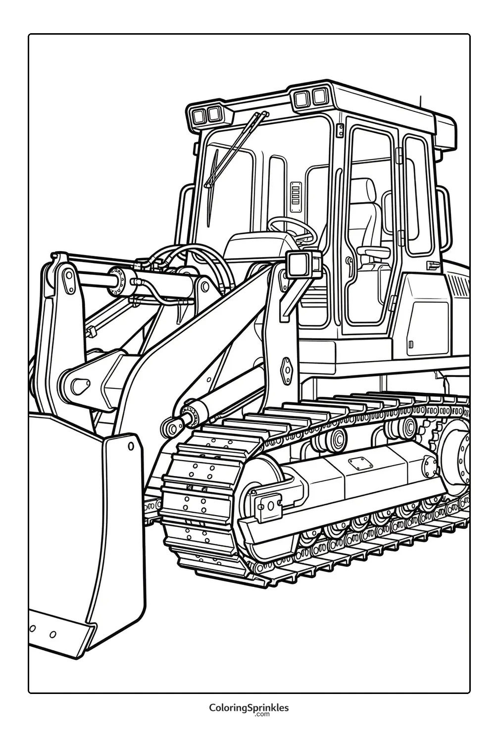 Coloring page of a bulldozer with tracks and front blade