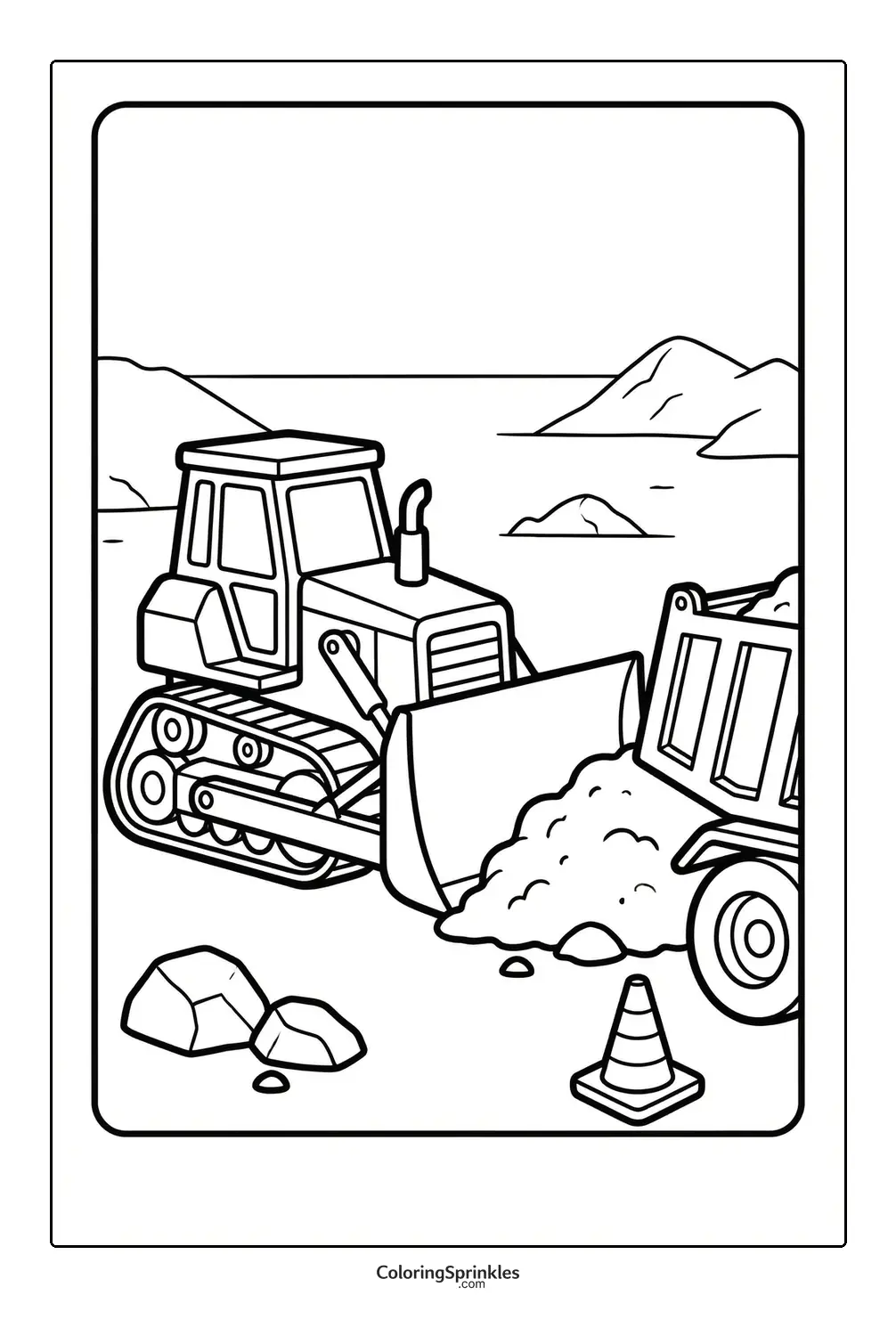 Coloring page of a bulldozer loading dirt into a dump truck at a construction site