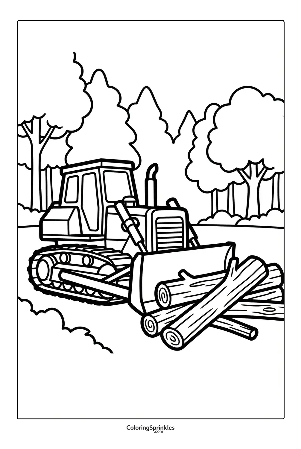 Coloring page of a bulldozer pushing logs in a forest clearing