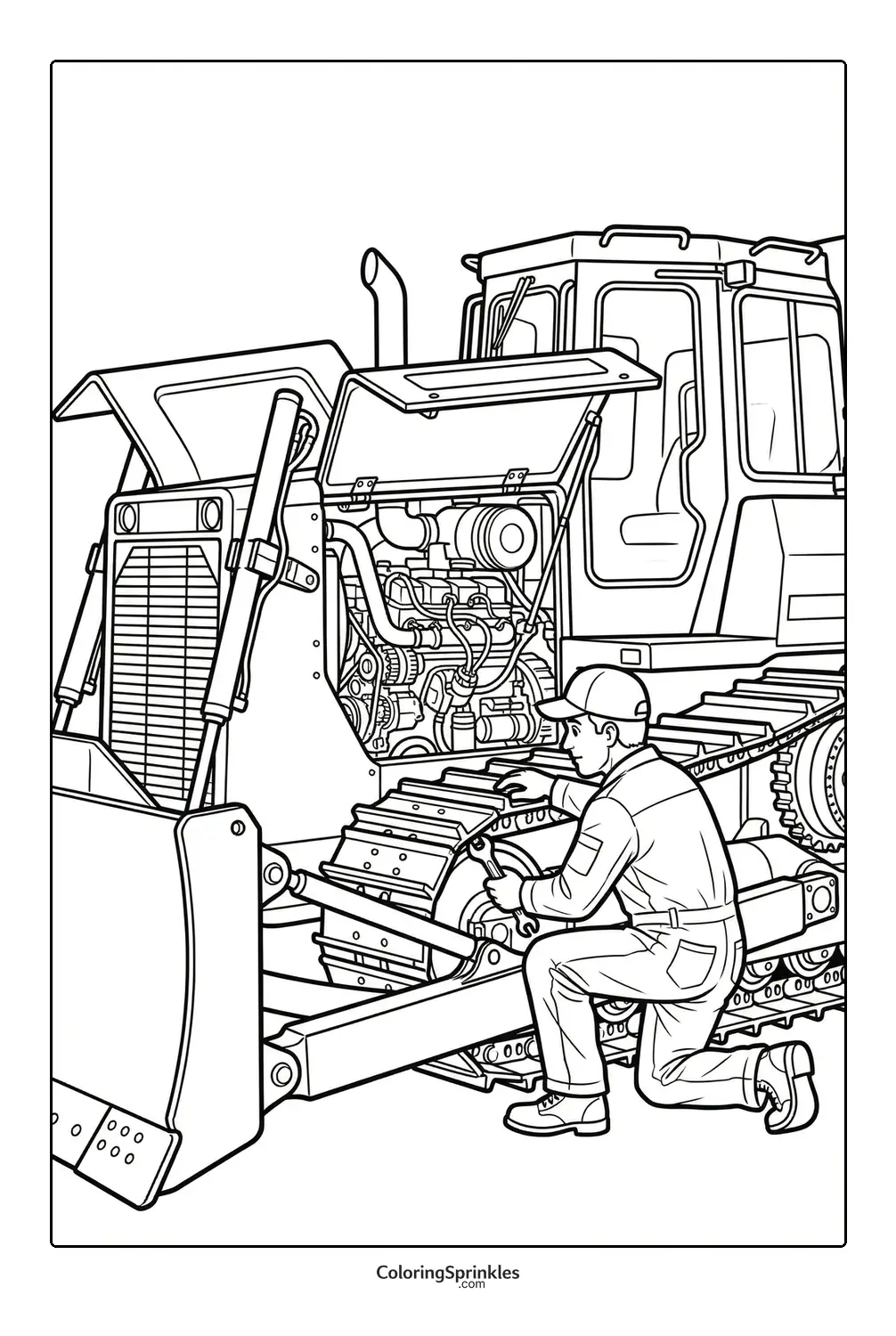 Coloring page of a mechanic repairing the engine of a bulldozer