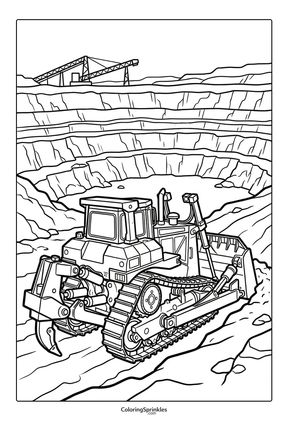 Coloring page of a bulldozer working in a mining pit with an excavator crane in the background