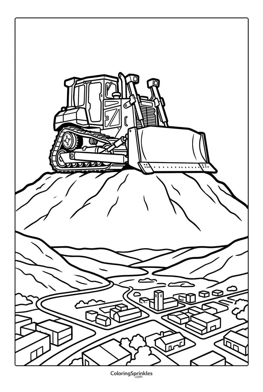 Coloring page of a bulldozer on a hill overlooking a town