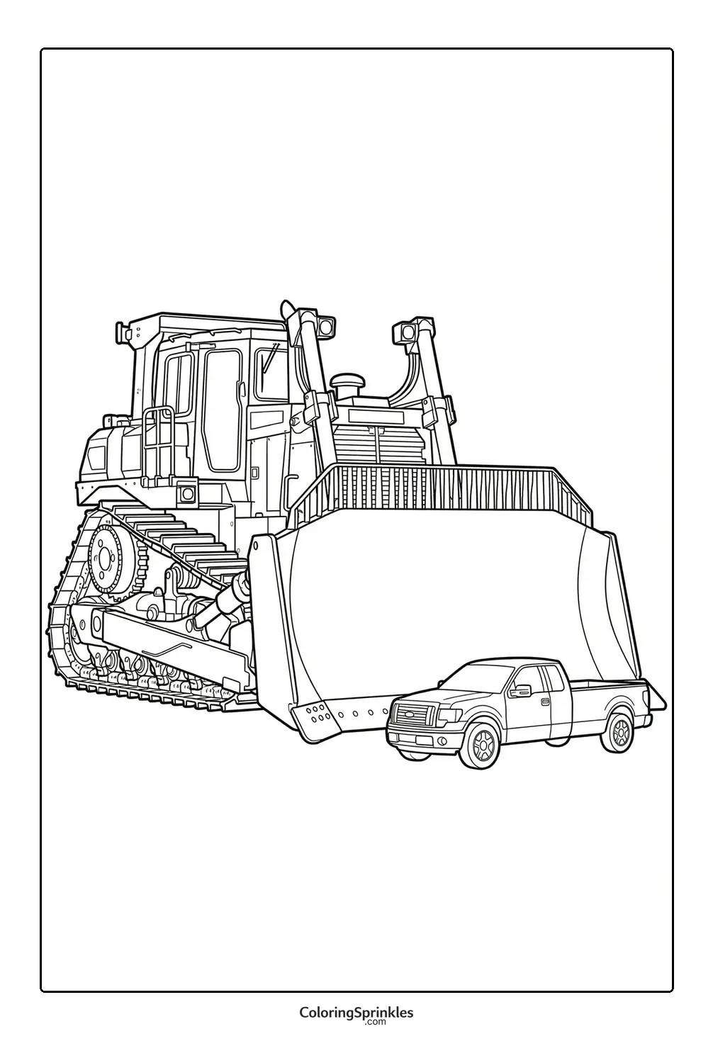 Coloring page of a bulldozer with a pickup truck in front