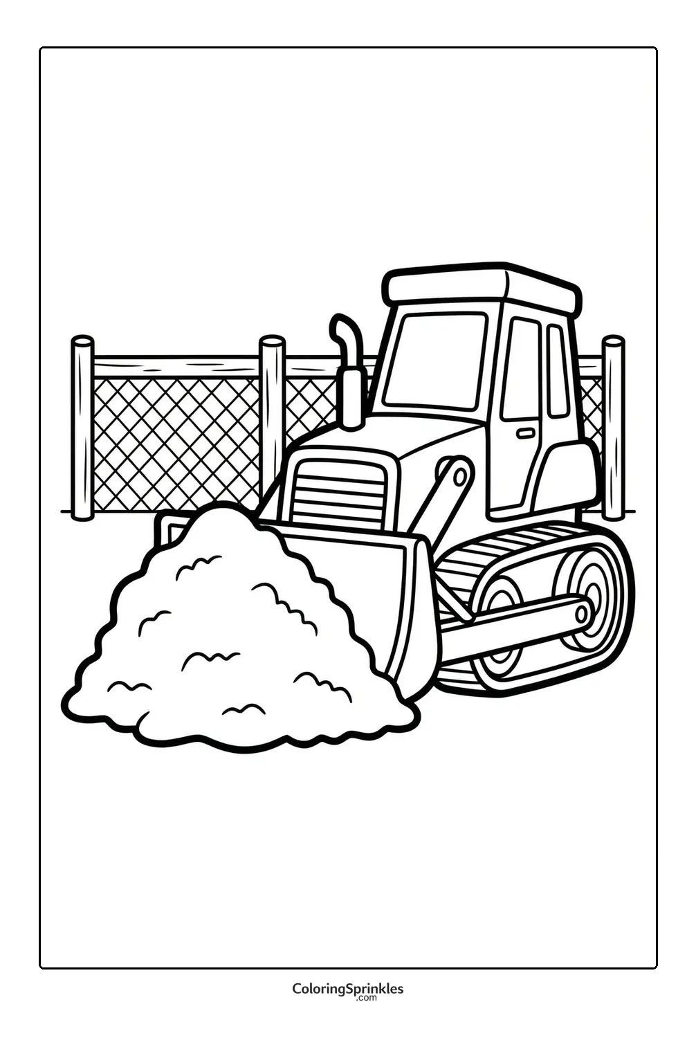 Coloring page of a bulldozer pushing a pile of dirt near a fence