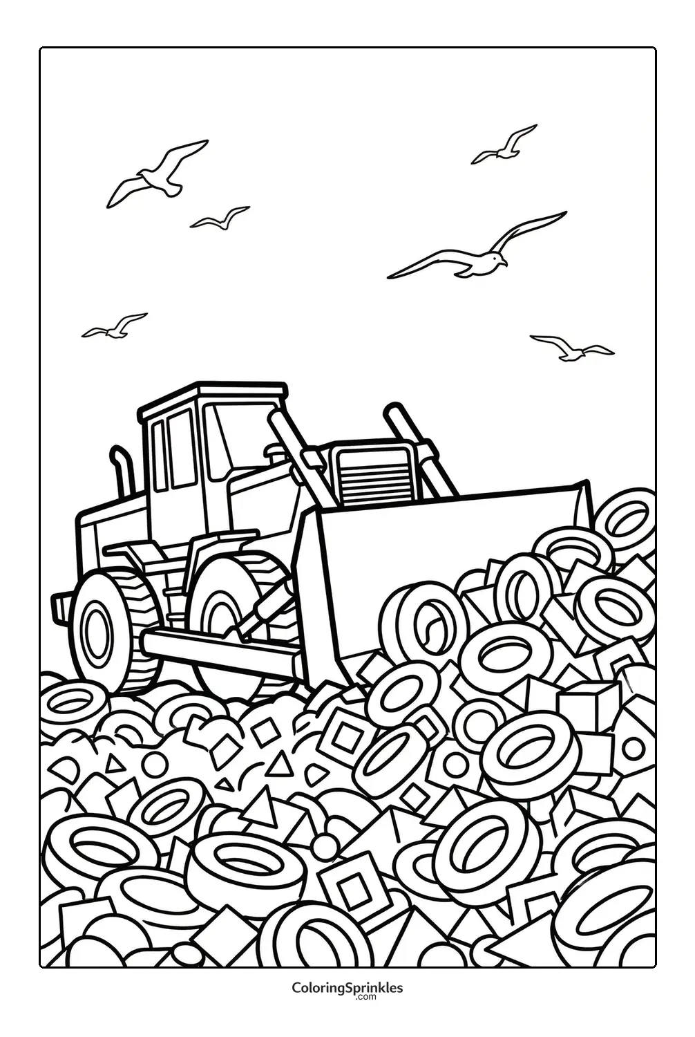 Coloring page of a bulldozer pushing a pile of tires and geometric shapes with birds flying above