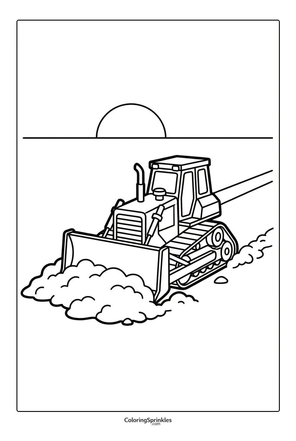 Coloring page of a bulldozer pushing dirt at sunset