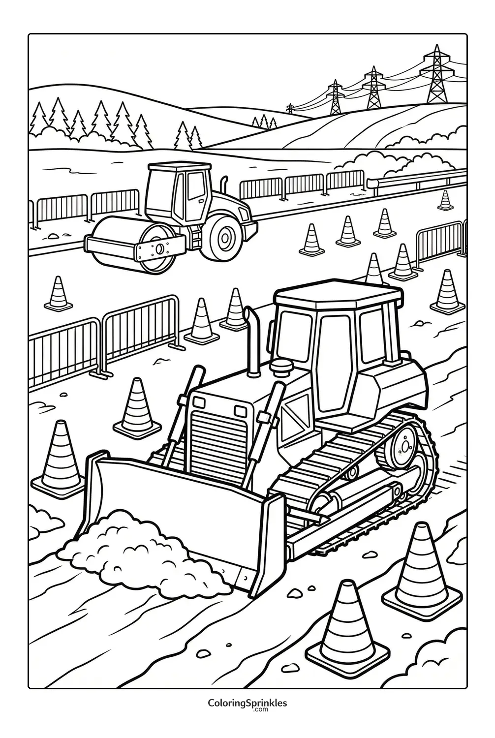 Coloring page of a bulldozer and road roller at a construction site with traffic cones
