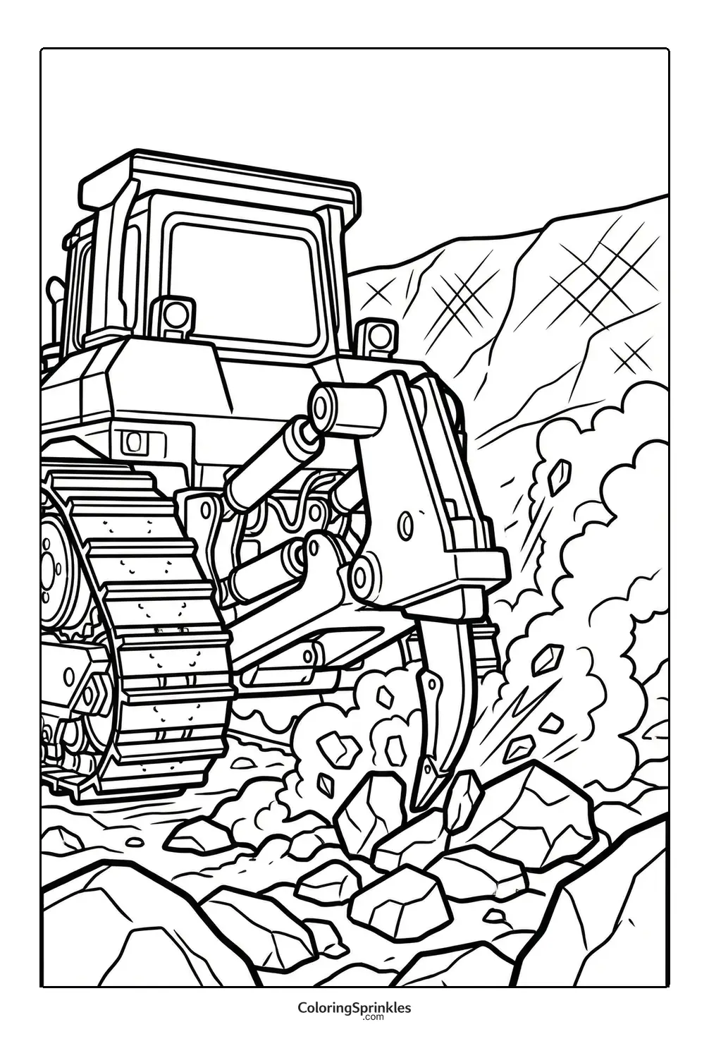 Coloring page of a bulldozer breaking rocks in a mountain construction site