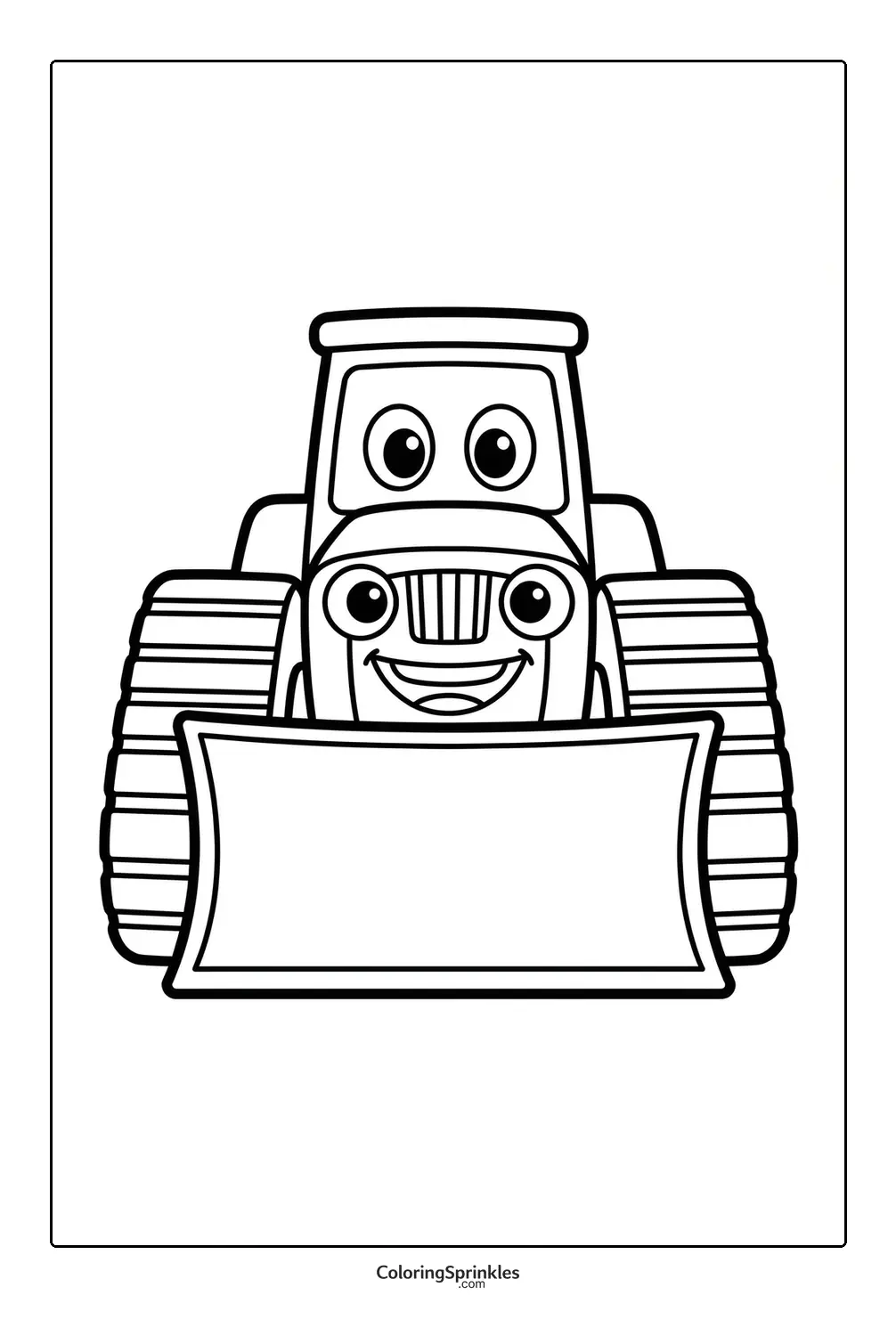 Coloring page of a smiling bulldozer front view