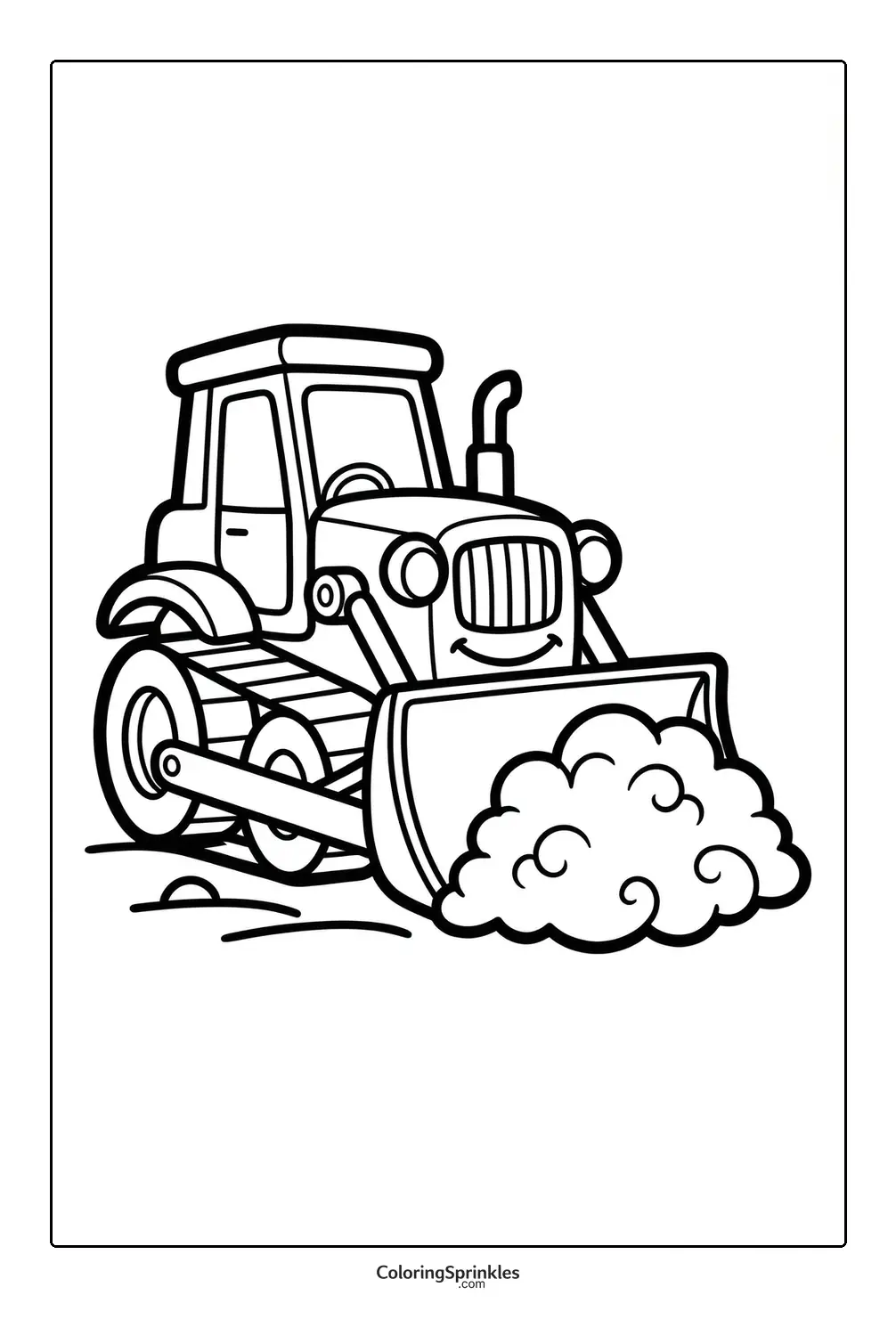 Coloring page of a smiling bulldozer pushing a pile of dirt