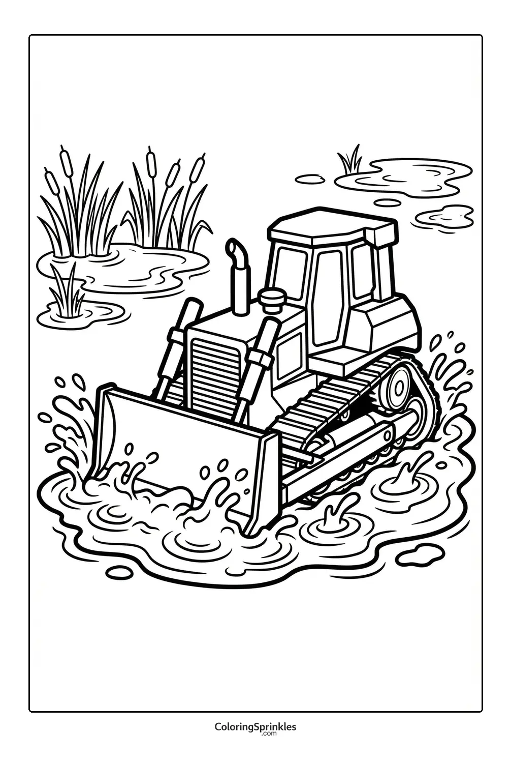 Coloring page of a bulldozer splashing through water in a marsh