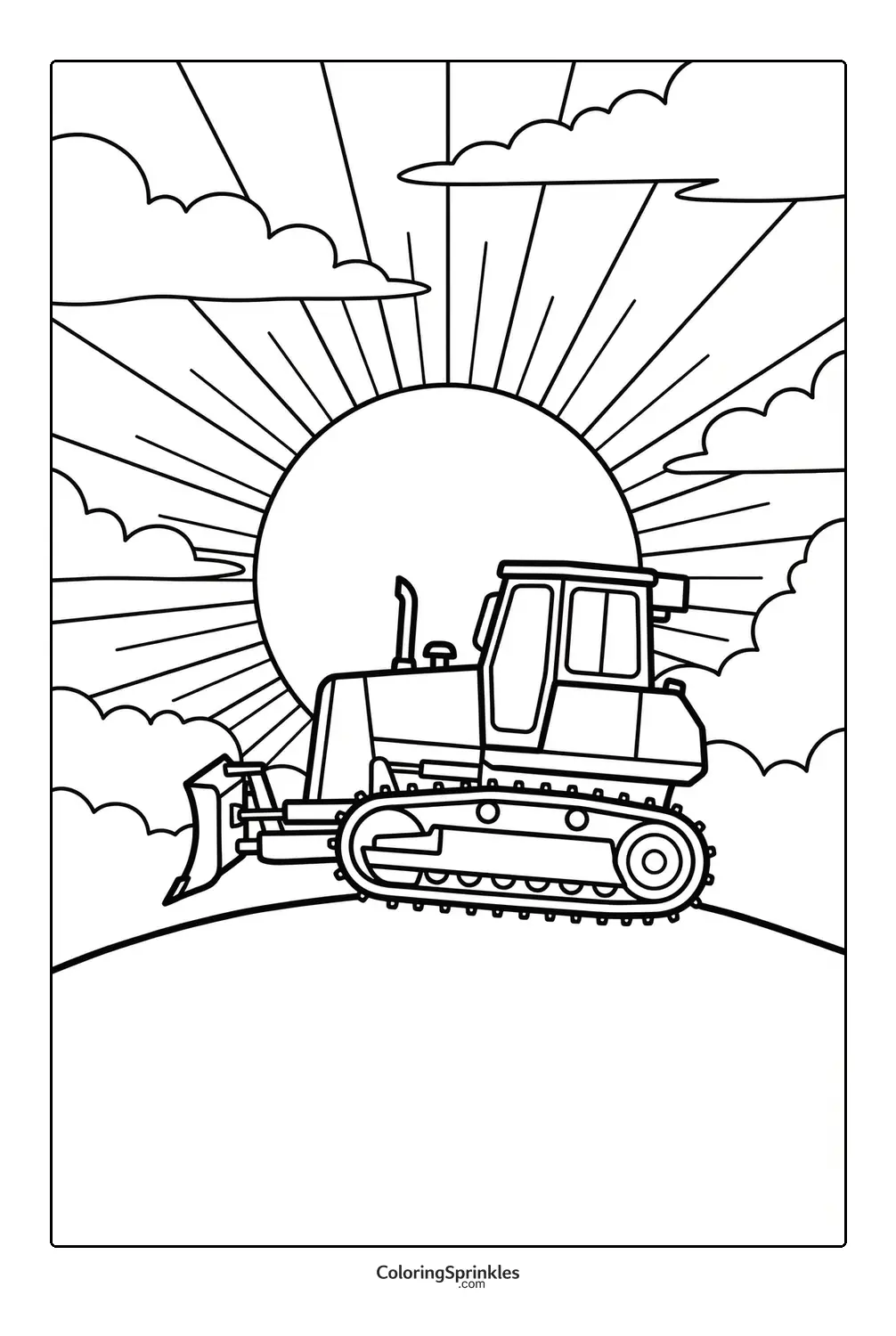 Coloring page of a bulldozer on a hill with sunrise and clouds