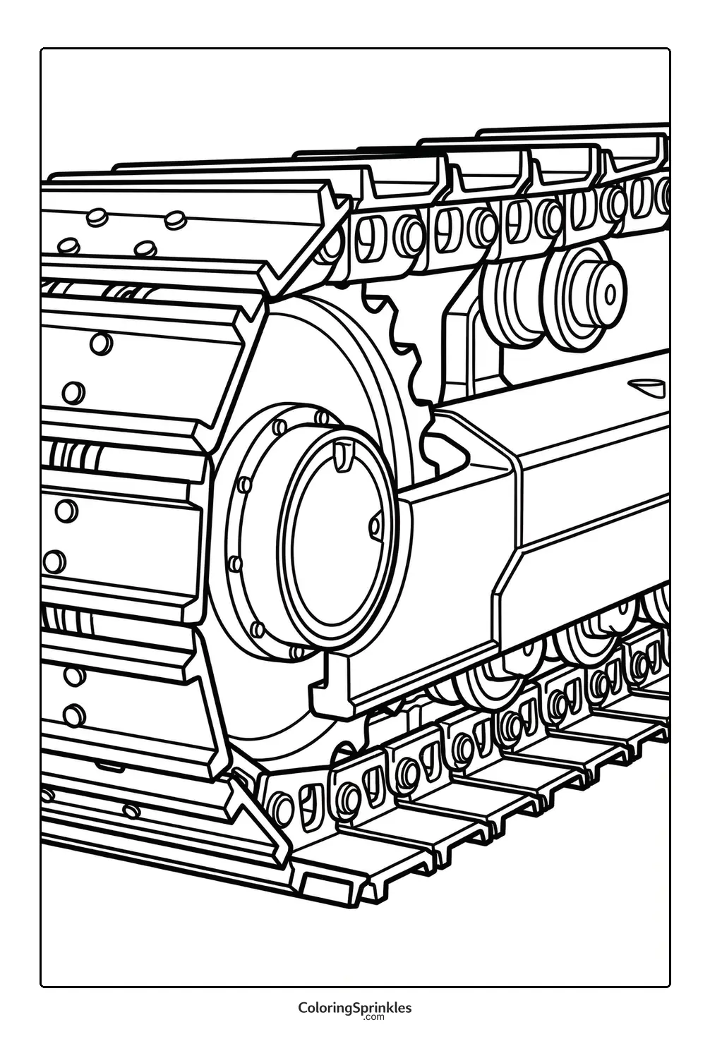 Coloring page of a close-up view of a bulldozer track and mechanical parts