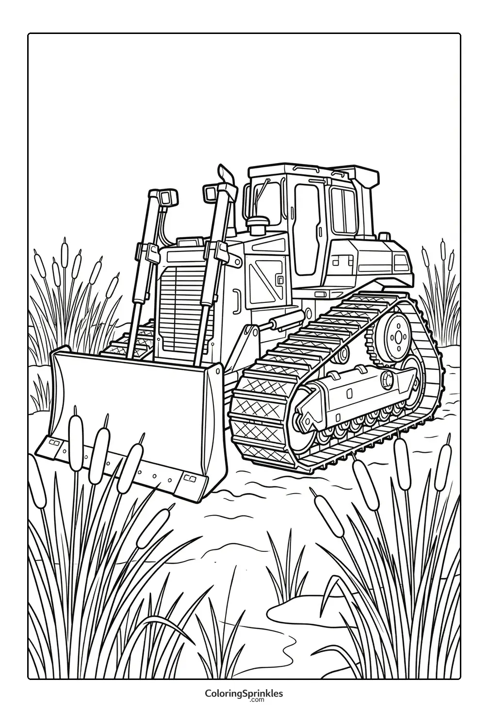 Coloring page of a tracked bulldozer in a marshy area with tall grass