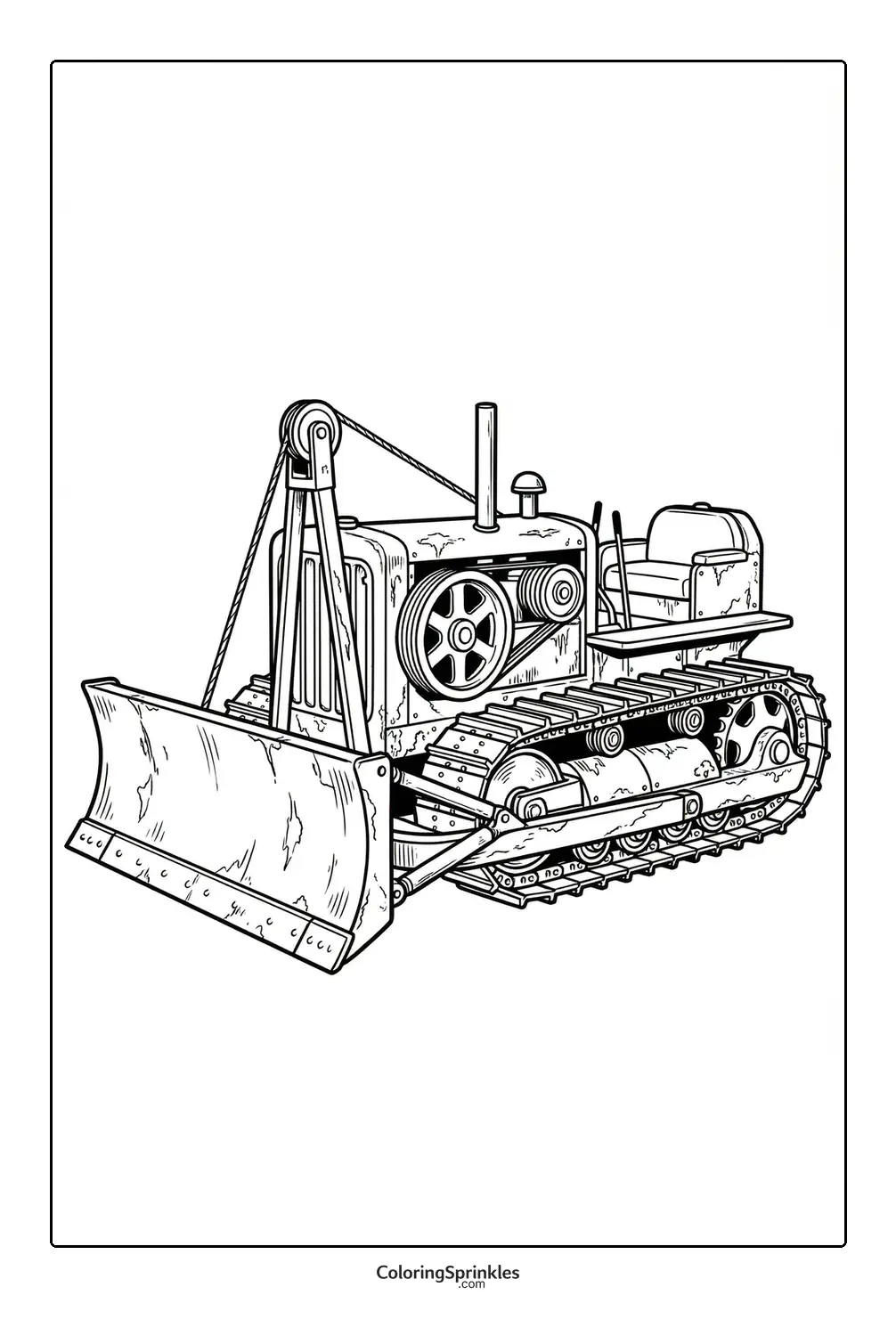 Coloring page of a vintage tracked bulldozer with a large front blade