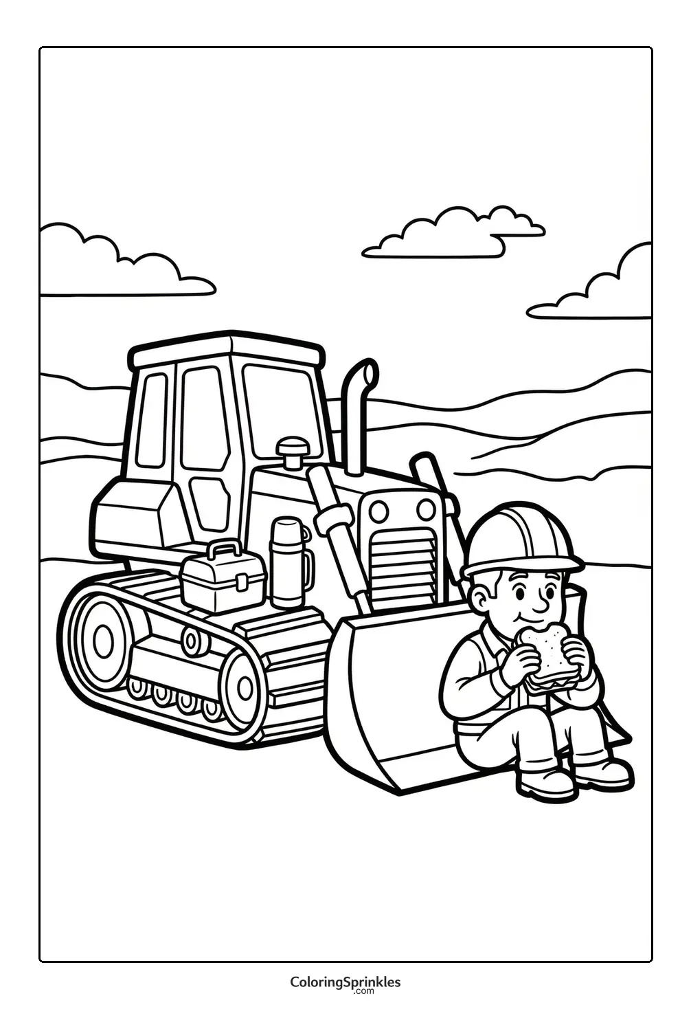 Coloring page of a bulldozer with a worker eating a sandwich outdoors