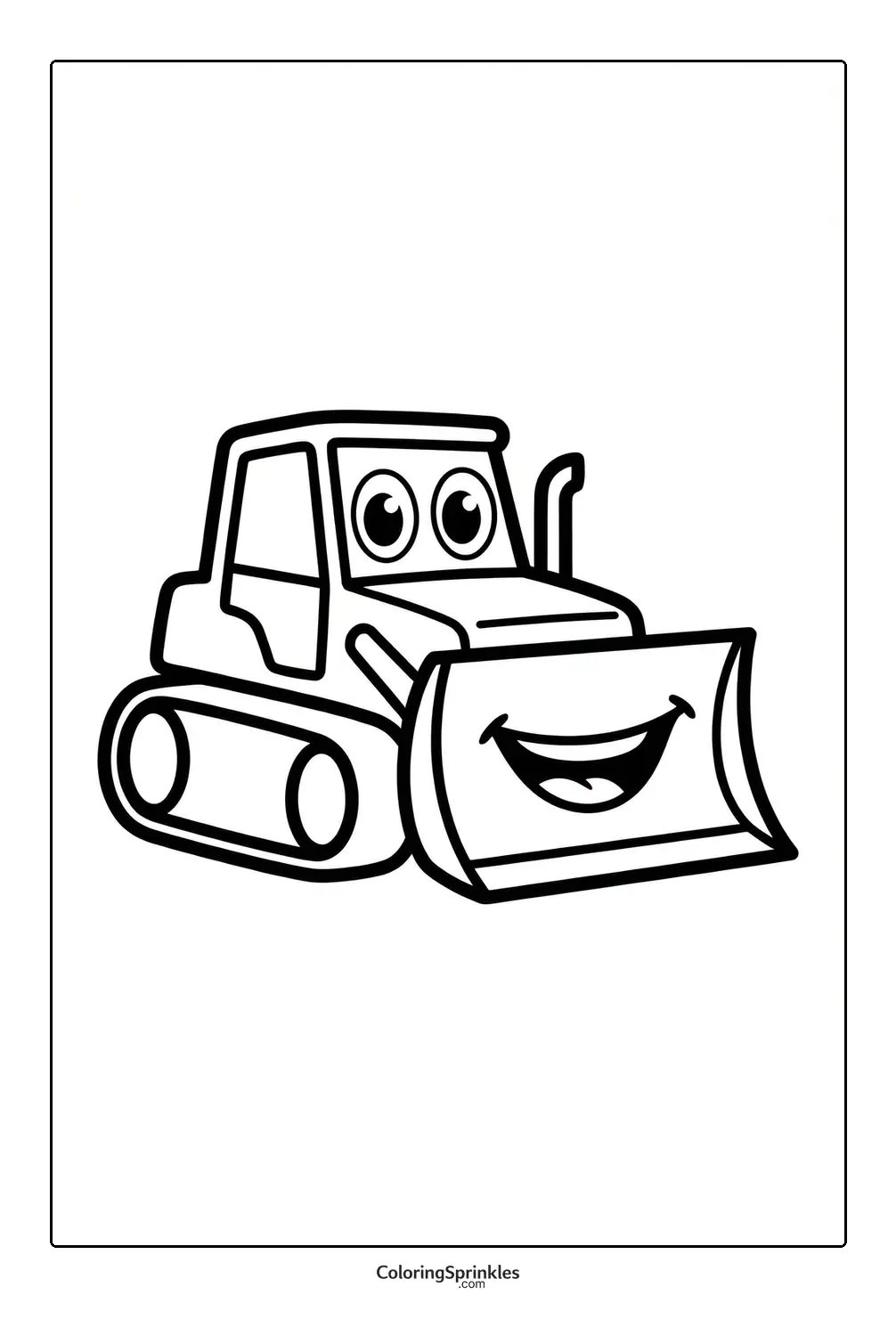 Coloring page of a smiling bulldozer cartoon for children