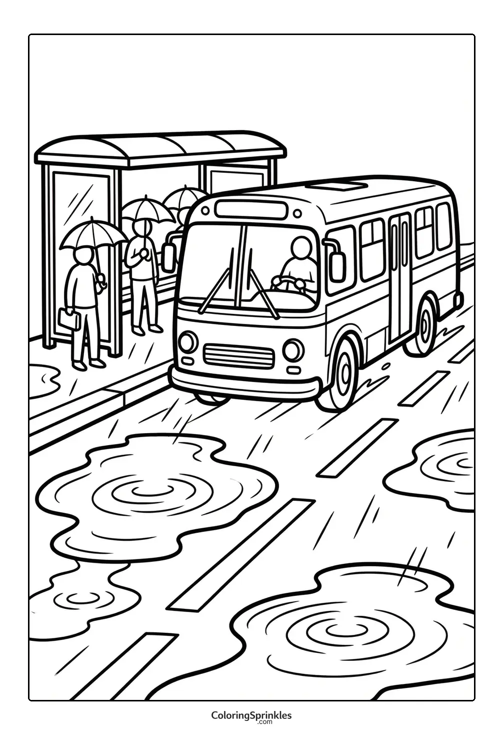 Coloring page of a bus driving on a rainy street with puddles and people holding umbrellas at a bus stop