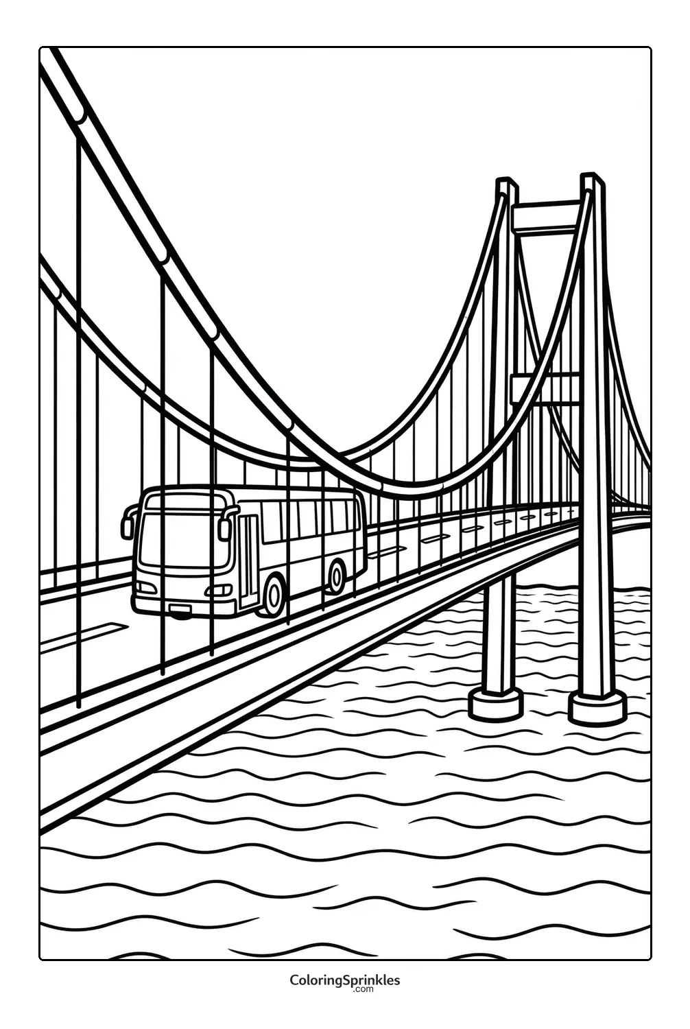 Coloring page of a bus driving on a suspension bridge over water