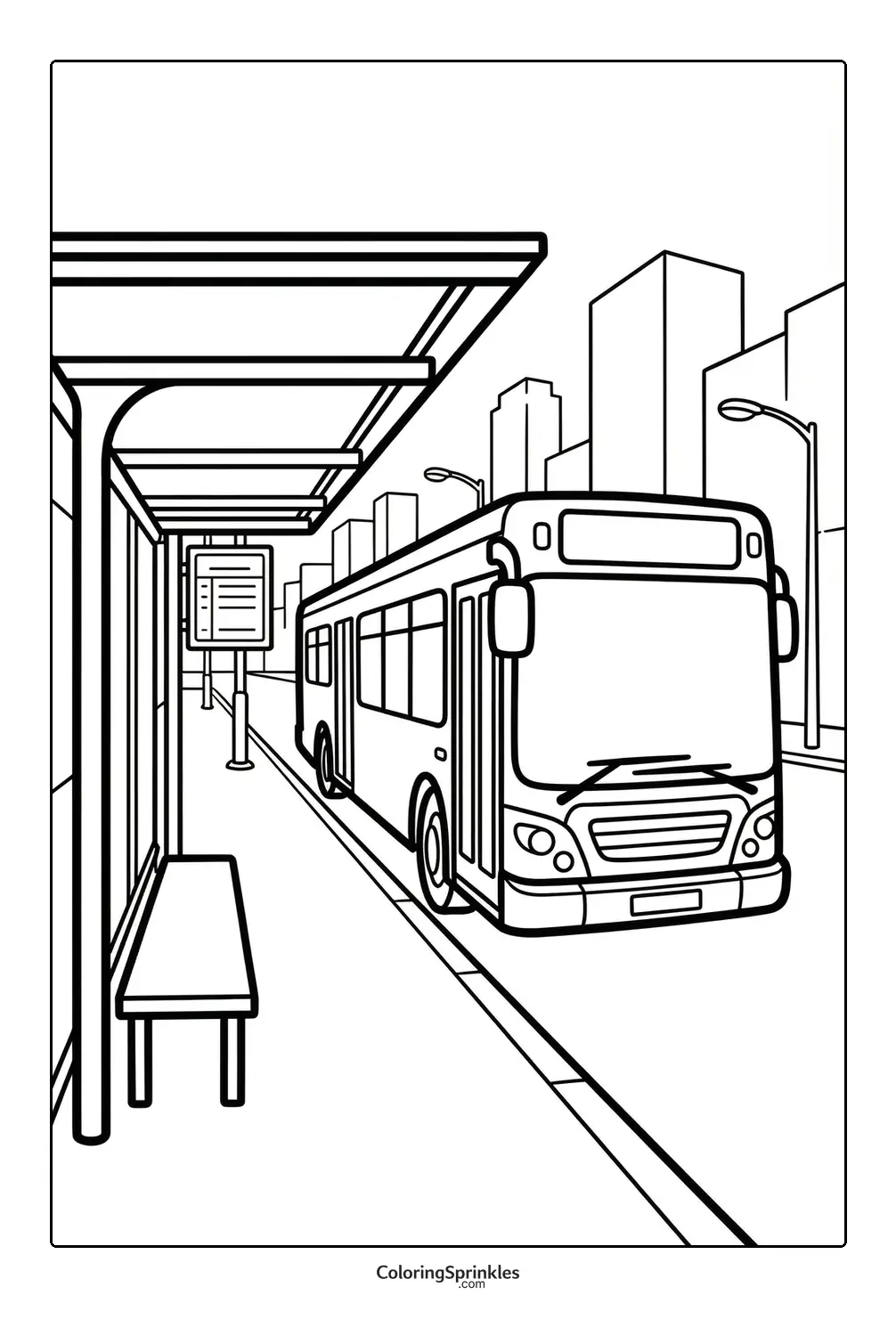 Coloring page of a city bus at a bus stop with a bench and lampposts