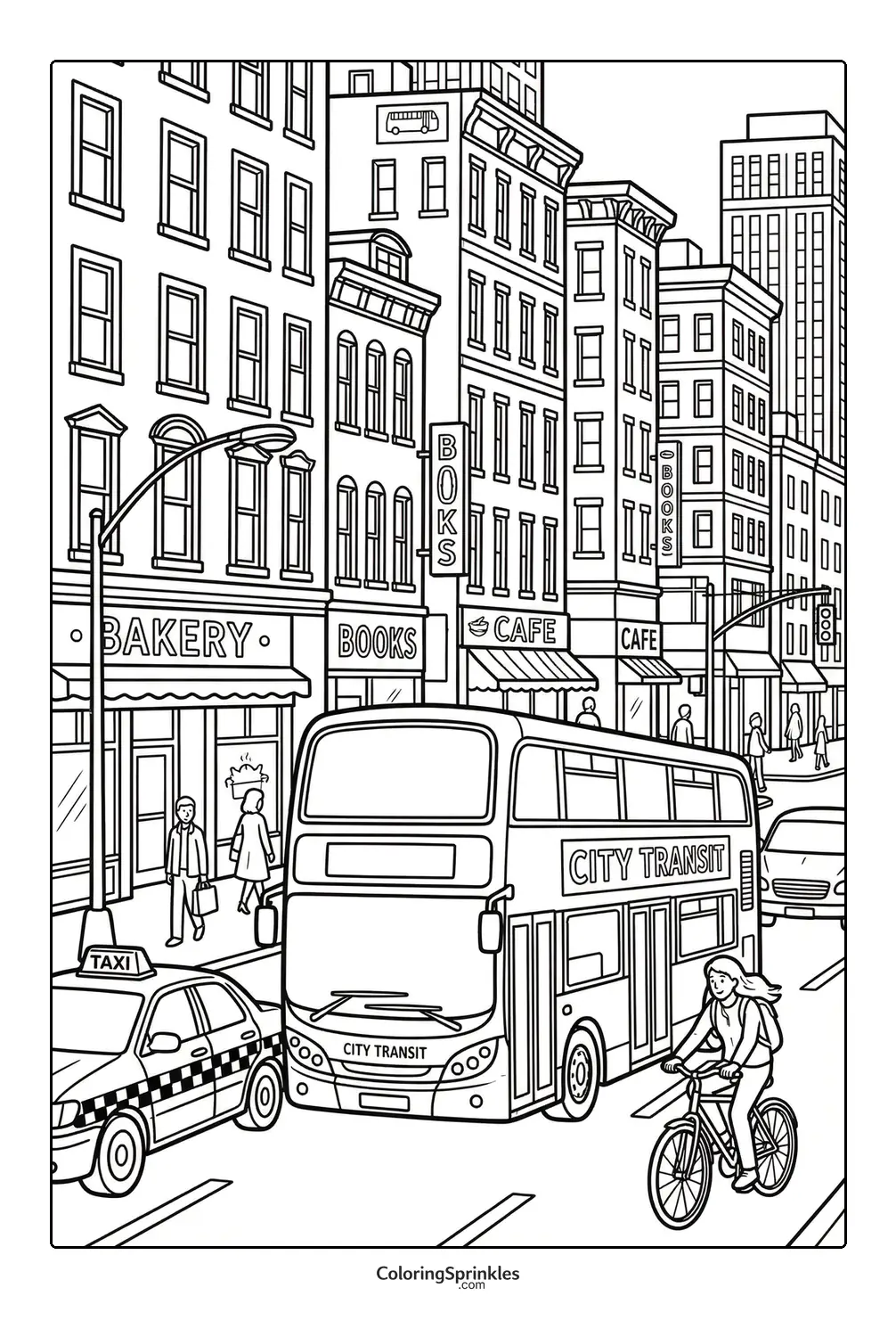 Coloring page of a city transit bus with a taxi and a bicyclist on a busy street