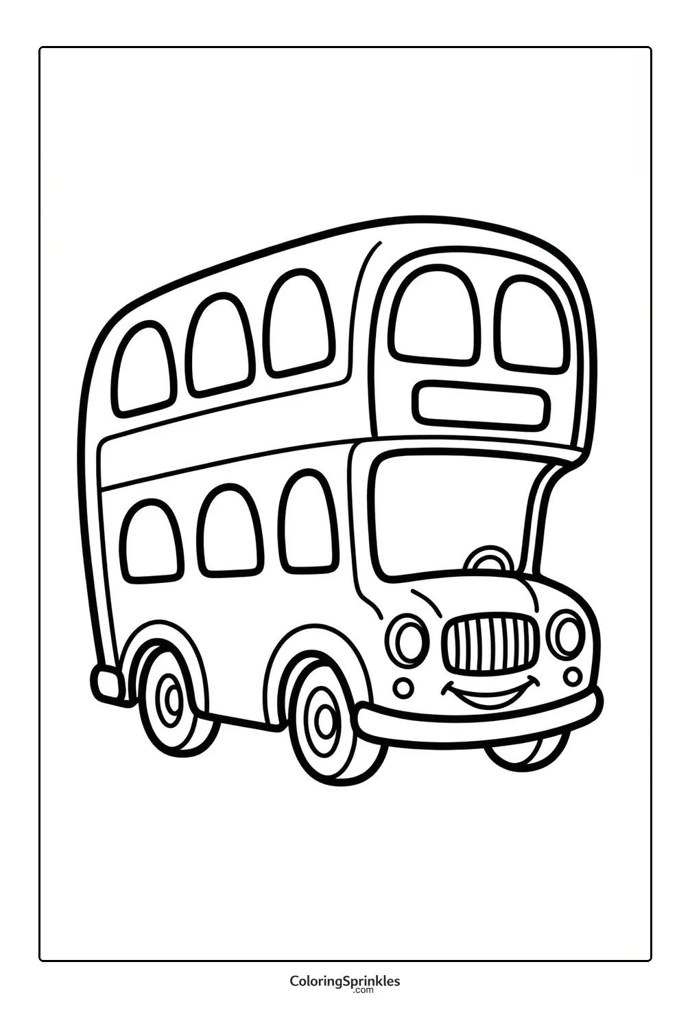 Coloring page of a smiling cartoon double decker bus