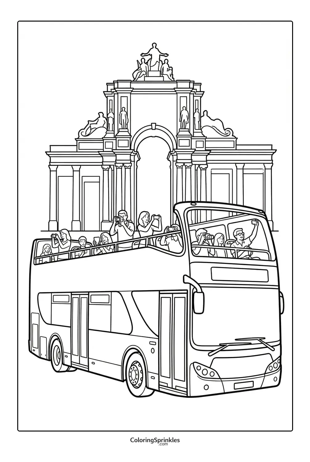 Coloring page of a double-decker tour bus with people taking photos in front of an arch