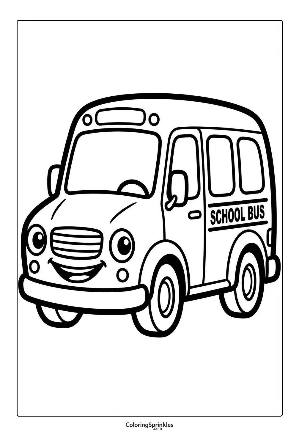 Coloring page of a smiling cartoon school bus