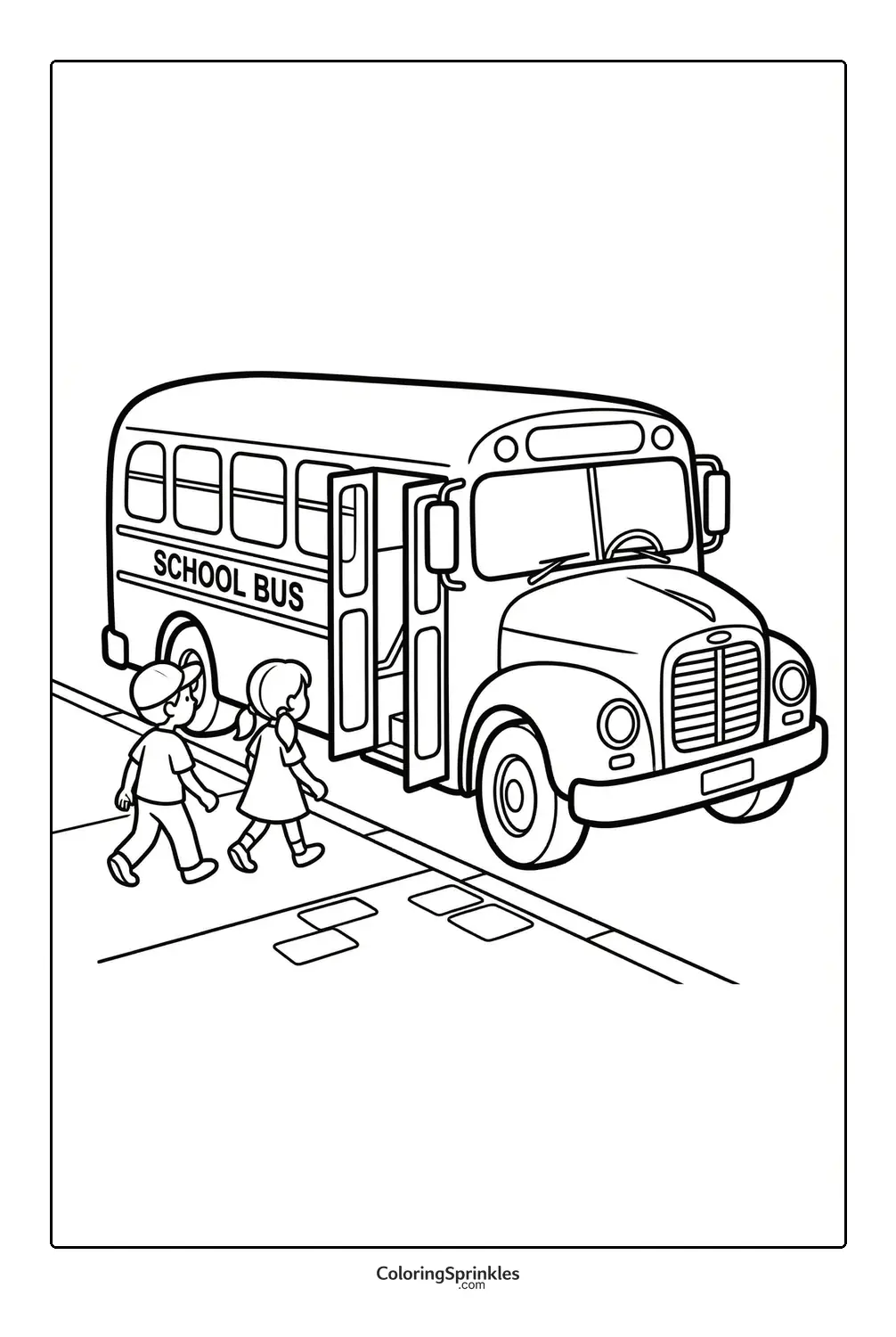Coloring page of a school bus with children walking towards the open door