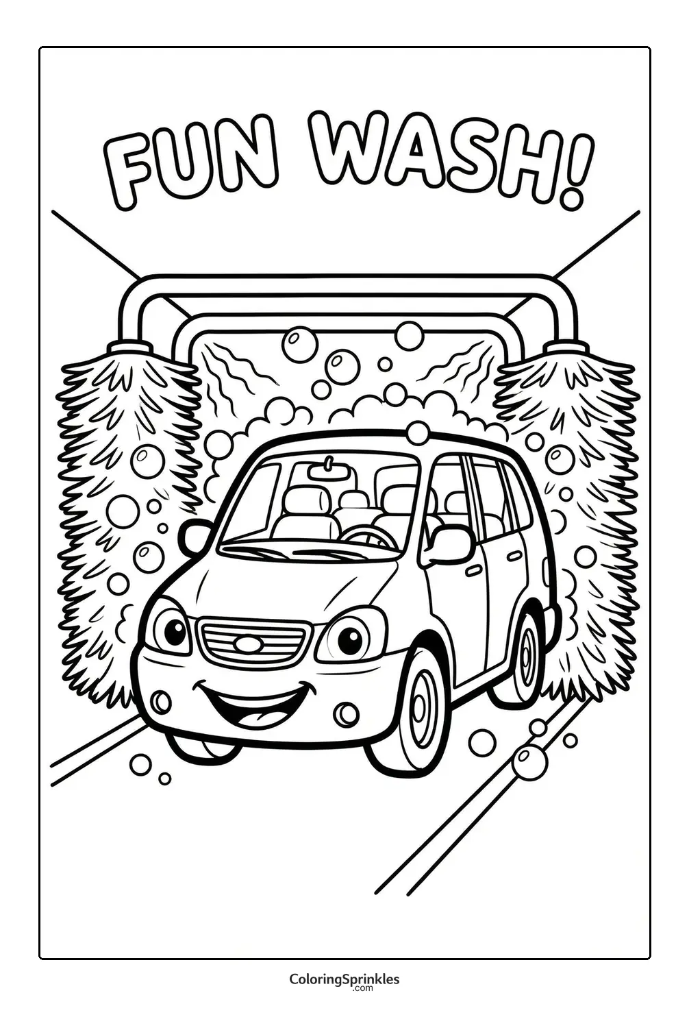 Coloring page of a smiling car going through a fun car wash with bubbles
